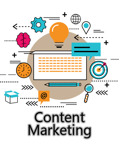 Content marketing illustration with digital content and creative tools